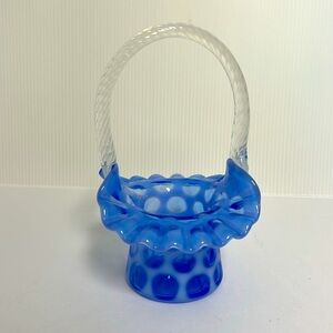 Fenton Vintage Signed Coin Dot Opalescent Handle 7 1/2” Tall Blue Glass Basket
